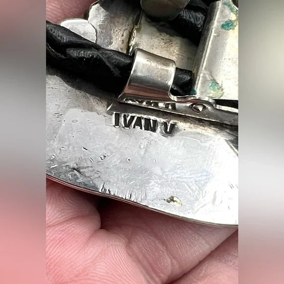 Ivan V Signed Navajo Handmade Sterling Silver Hand Painted Bear Fish Bolo Tie - Picture 9 of 9